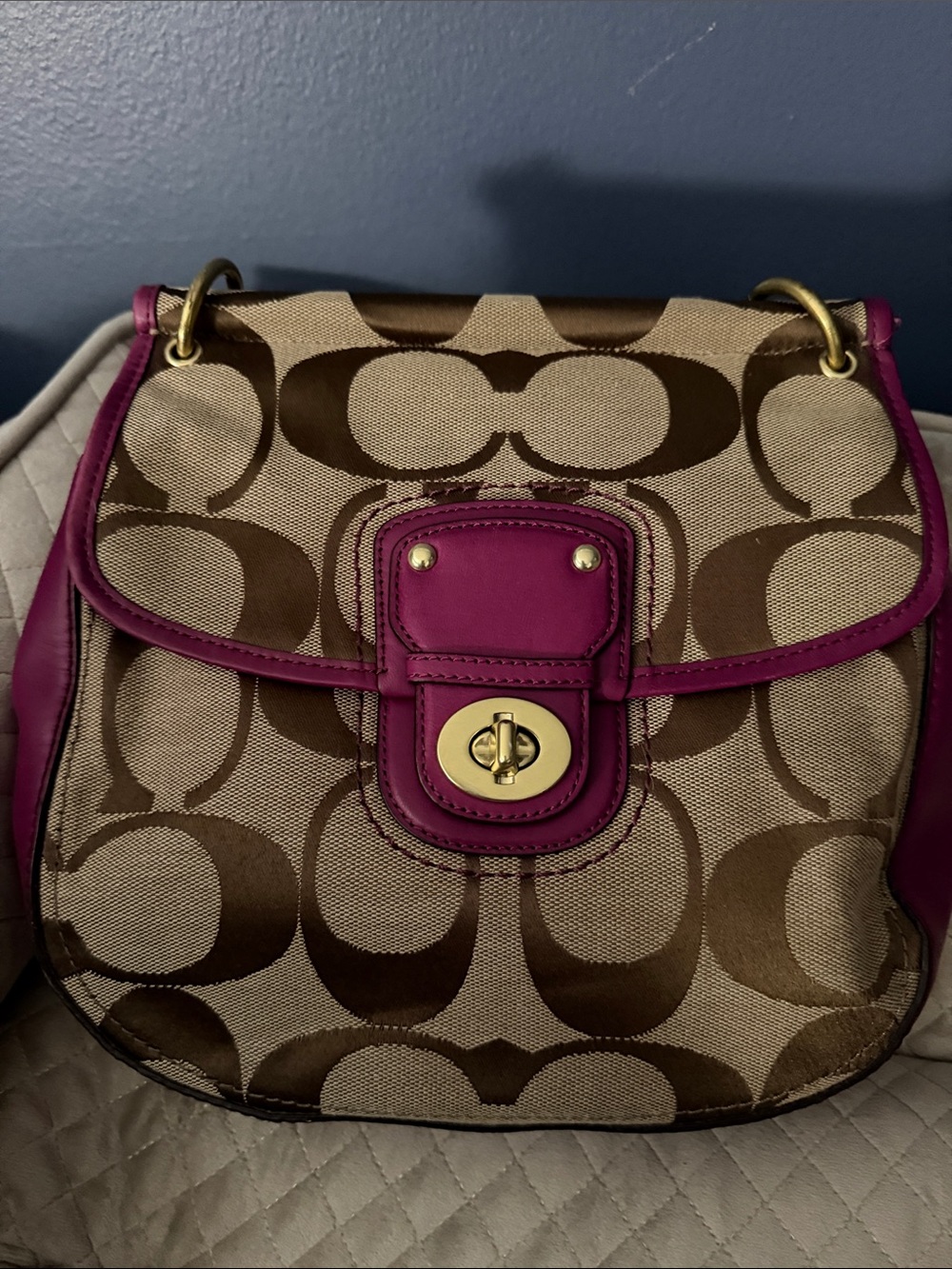 Coach Signature Canvas Shoulder Bag with Pink Trim